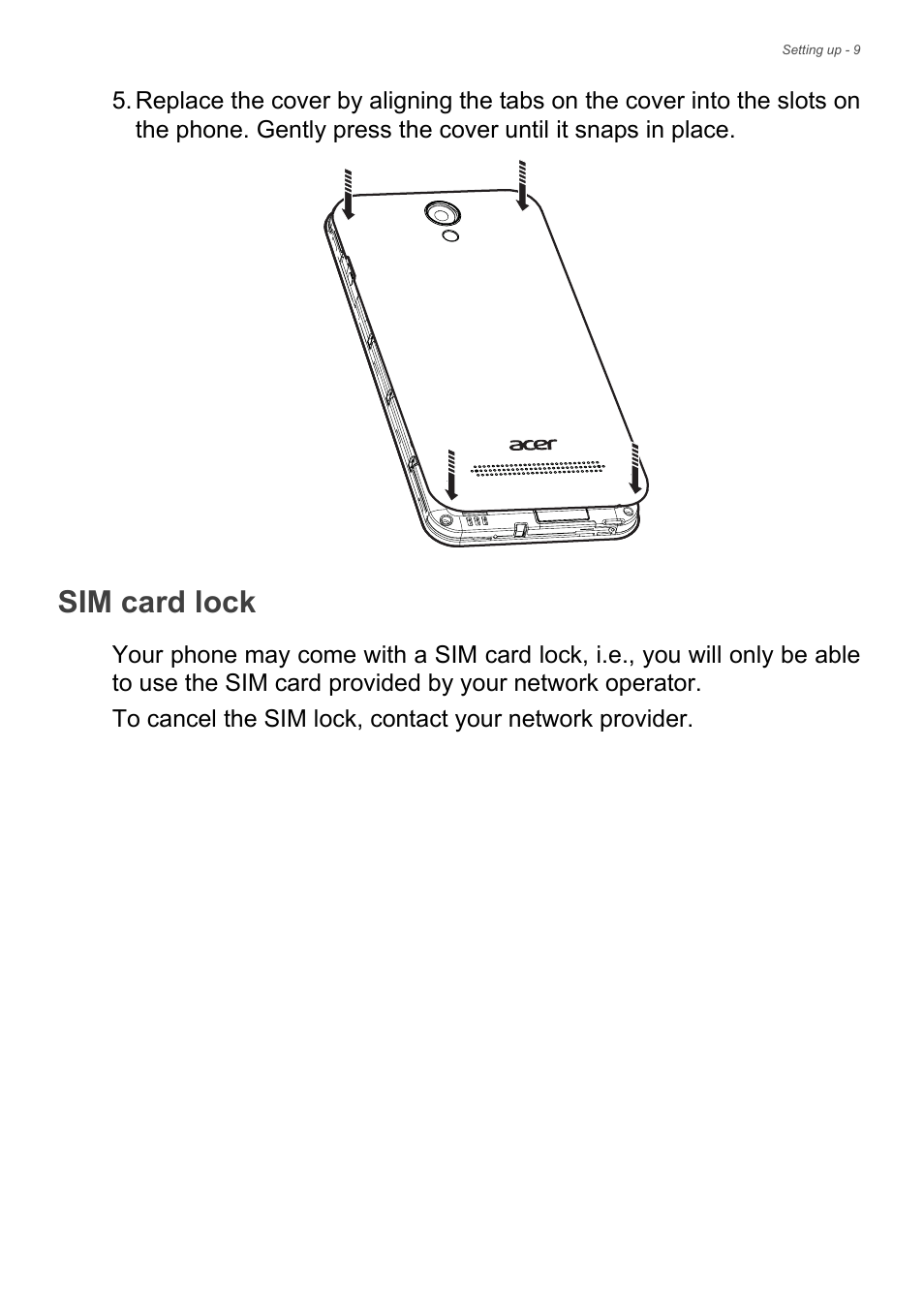 Sim card lock | Acer Liquid Z6 User Manual | Page 9 / 66