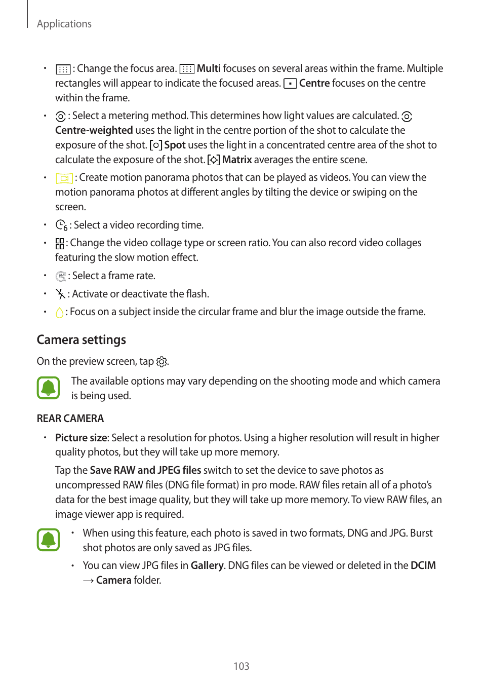 Camera settings | Samsung SM-G930F User Manual | Page 103 / 191