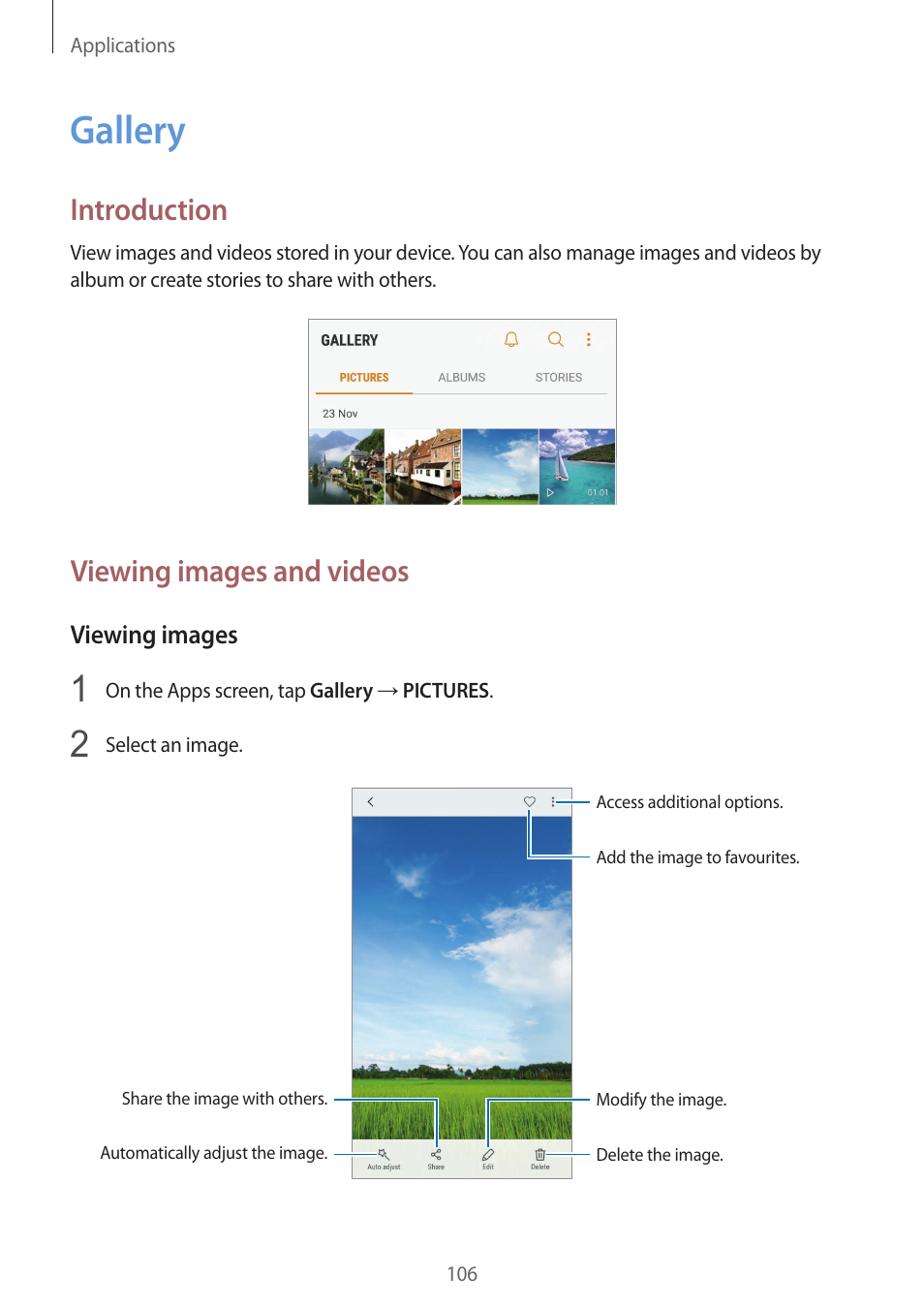 Gallery, 106 gallery, Introduction | Viewing images and videos | Samsung SM-G930F User Manual | Page 106 / 191