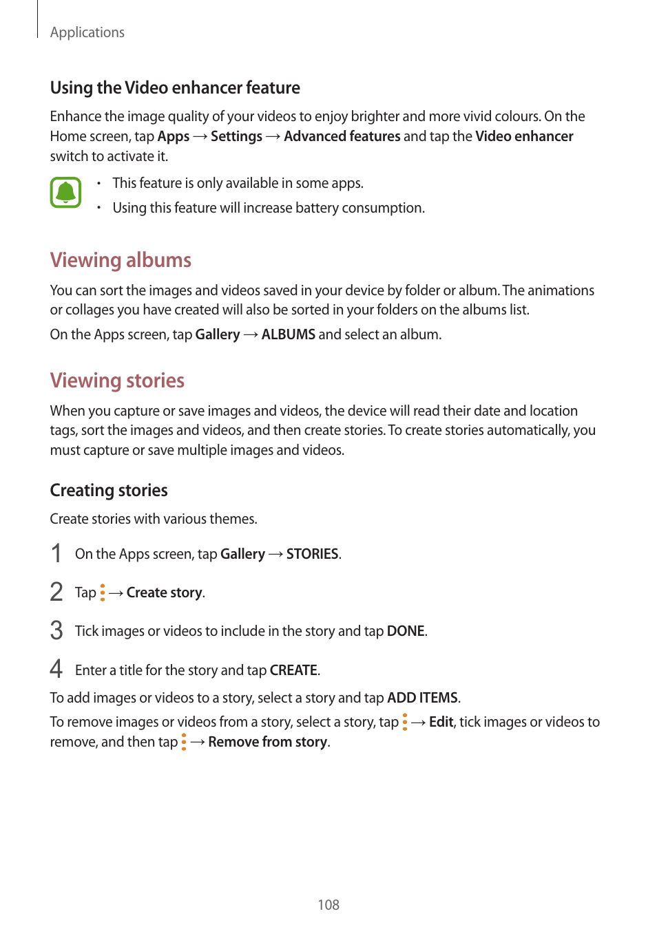 Viewing albums, Viewing stories | Samsung SM-G930F User Manual | Page 108 / 191