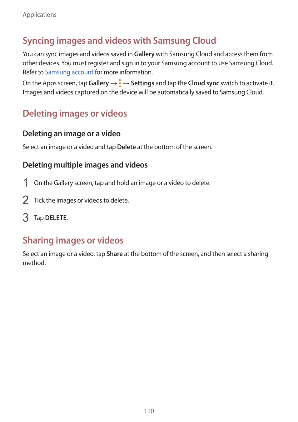 Syncing images and videos with samsung cloud, Deleting images or videos, Sharing images or videos | Samsung SM-G930F User Manual | Page 110 / 191