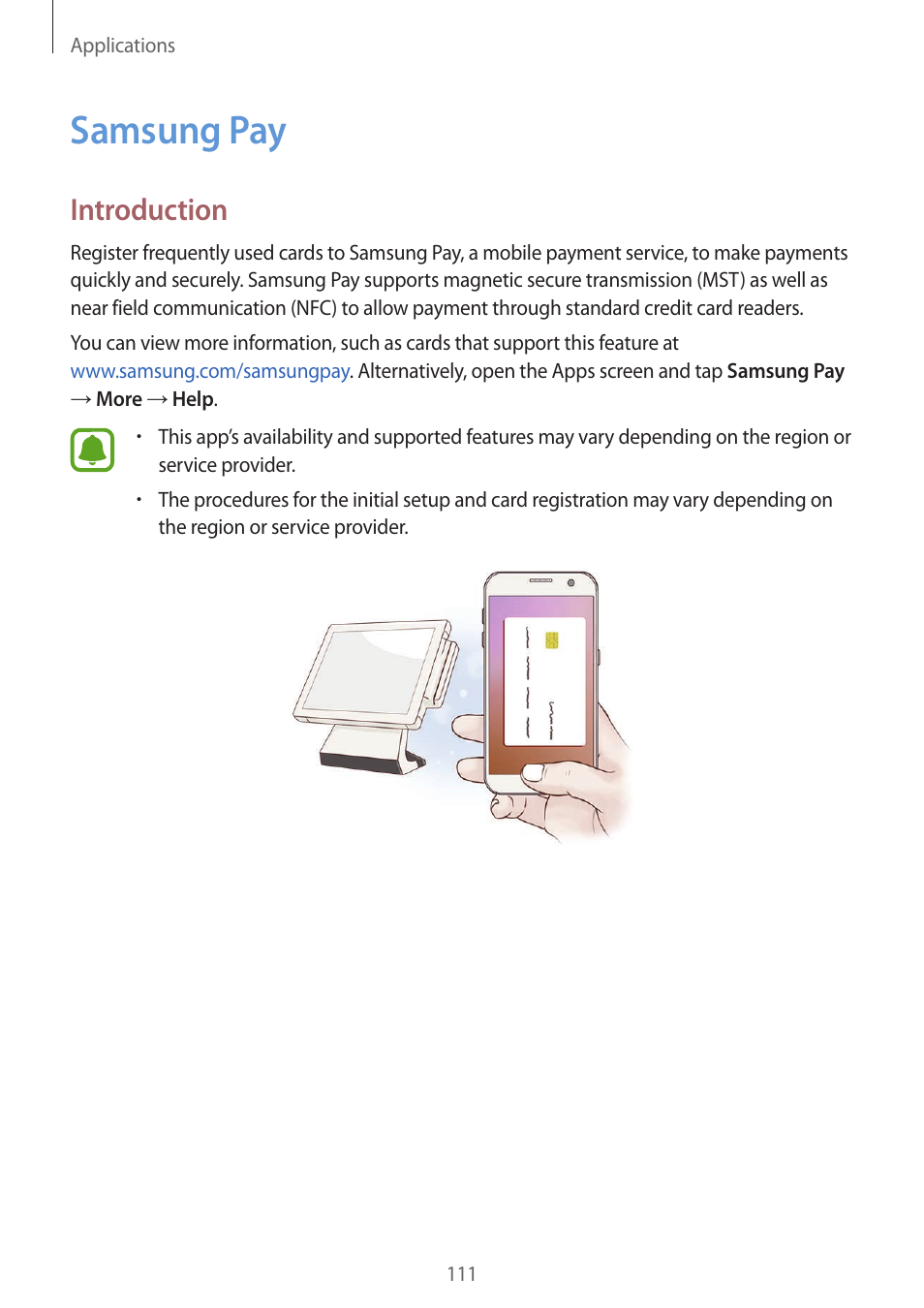Samsung pay, 111 samsung pay, Introduction | Samsung SM-G930F User Manual | Page 111 / 191