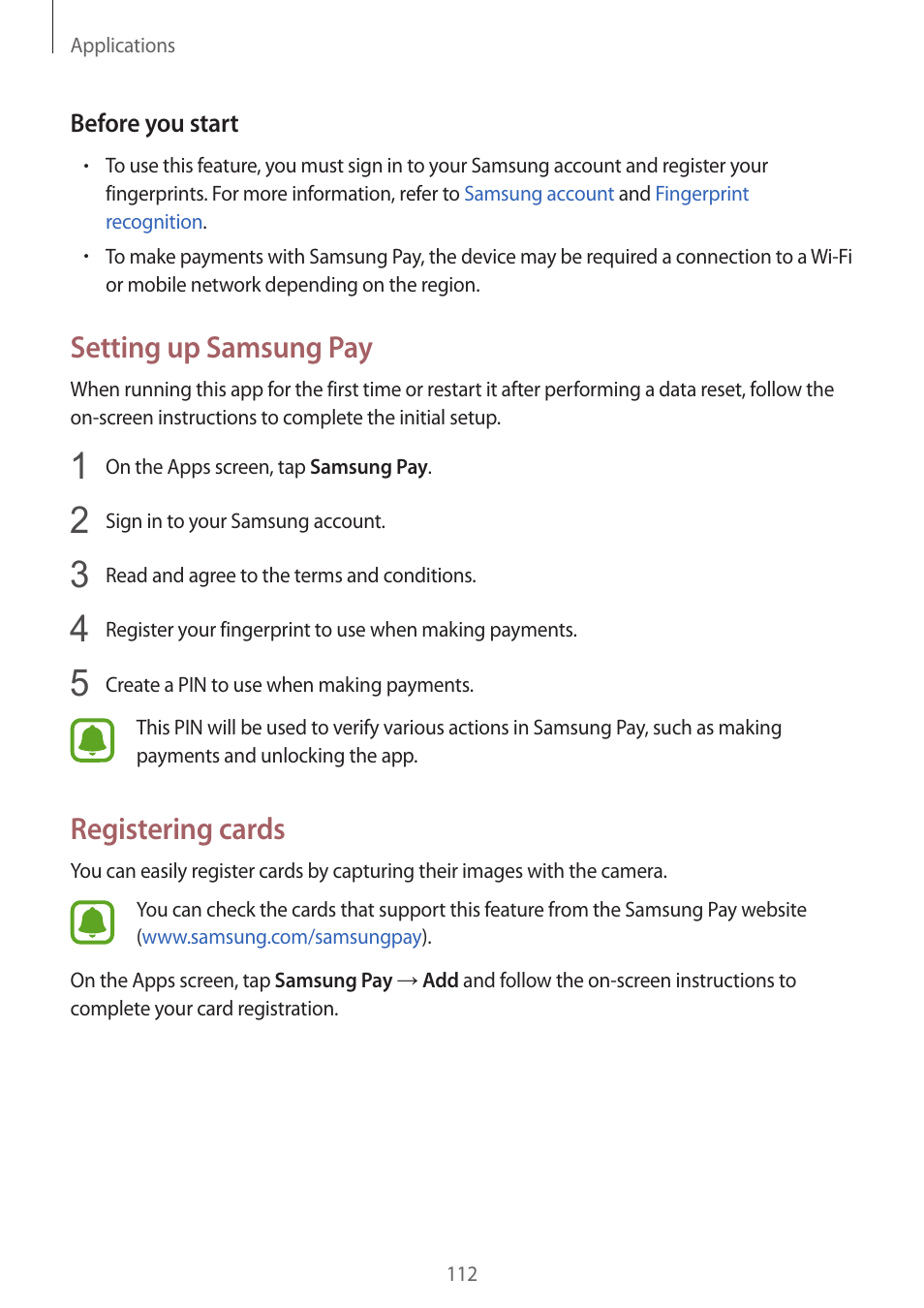 Setting up samsung pay, Registering cards | Samsung SM-G930F User Manual | Page 112 / 191