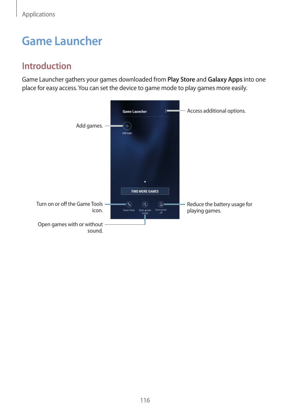 Game launcher, 116 game launcher, Introduction | Samsung SM-G930F User Manual | Page 116 / 191