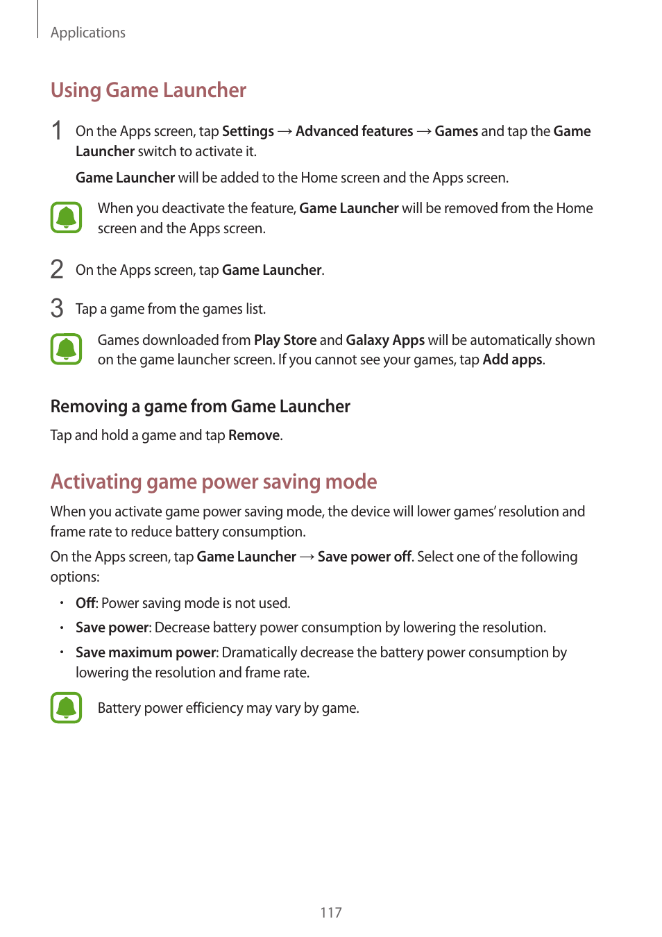 Using game launcher, Activating game power saving mode | Samsung SM-G930F User Manual | Page 117 / 191