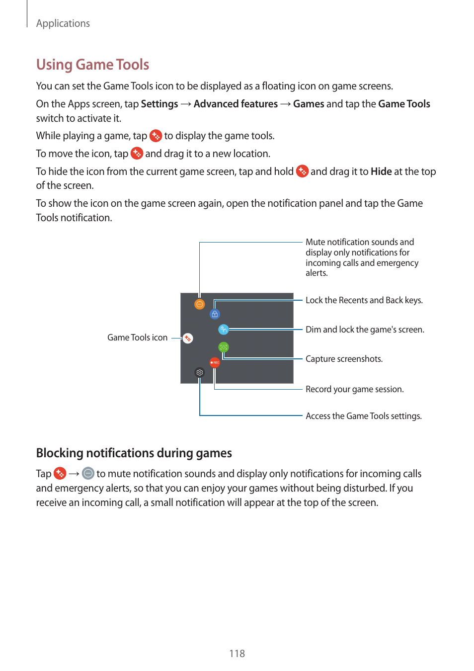 Using game tools, Blocking notifications during games | Samsung SM-G930F User Manual | Page 118 / 191
