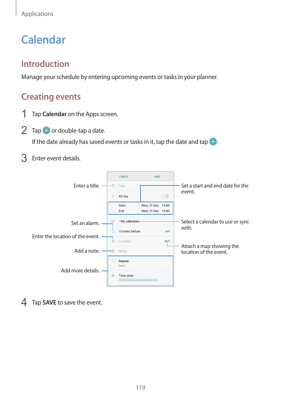 Calendar, 119 calendar, Introduction | Creating events | Samsung SM-G930F User Manual | Page 119 / 191