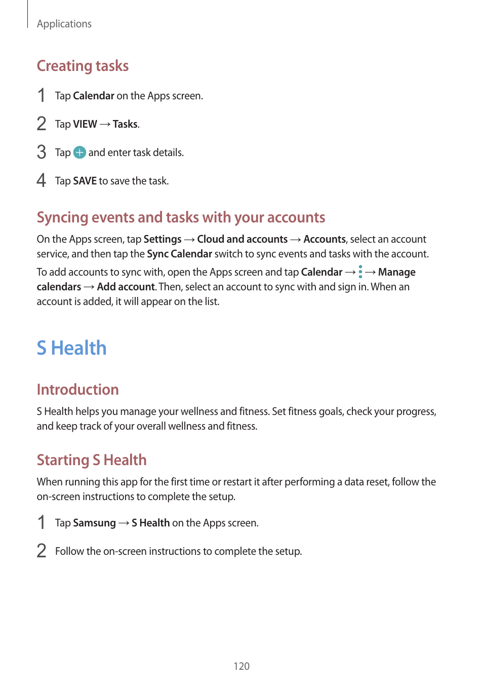 S health, 120 s health, Creating tasks | Syncing events and tasks with your accounts, Introduction, Starting s health | Samsung SM-G930F User Manual | Page 120 / 191