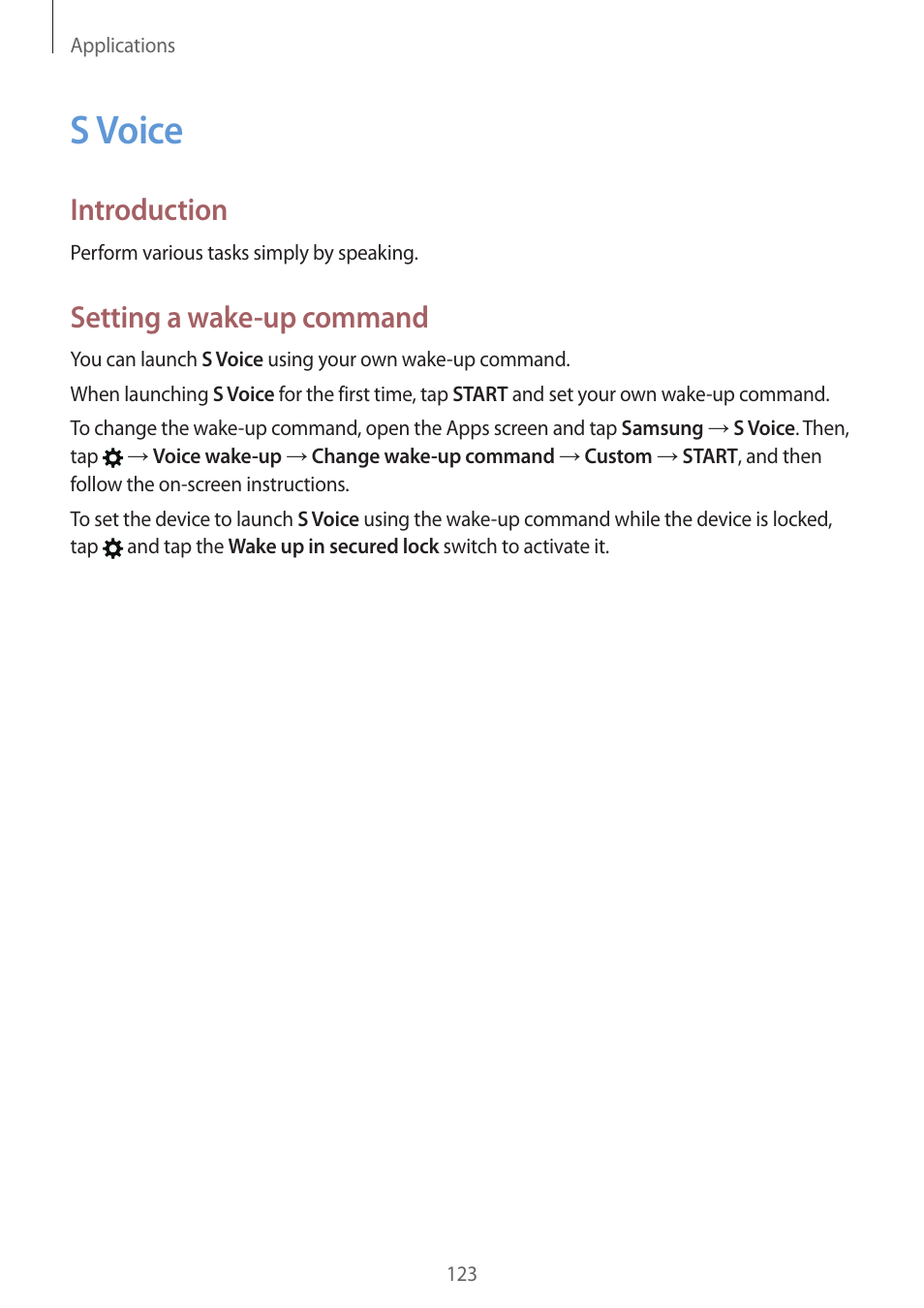 S voice, 123 s voice, Introduction | Setting a wake-up command | Samsung SM-G930F User Manual | Page 123 / 191