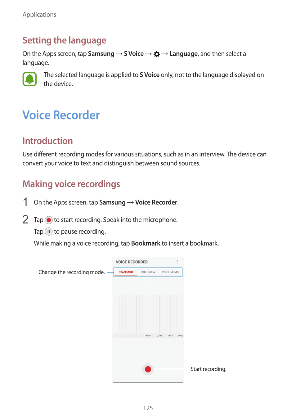 Voice recorder, 125 voice recorder, Setting the language | Introduction, Making voice recordings | Samsung SM-G930F User Manual | Page 125 / 191