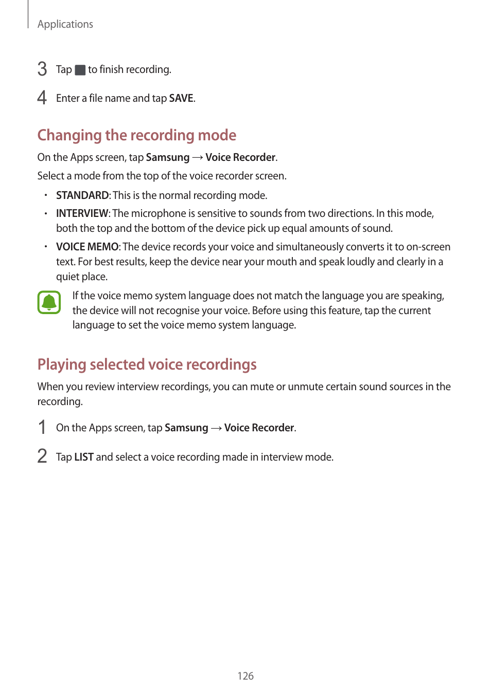 Changing the recording mode, Playing selected voice recordings | Samsung SM-G930F User Manual | Page 126 / 191