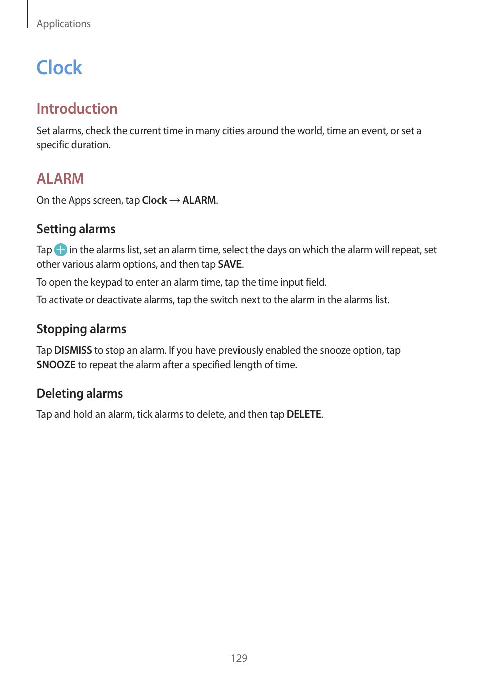 Clock, 129 clock, Introduction | Alarm | Samsung SM-G930F User Manual | Page 129 / 191