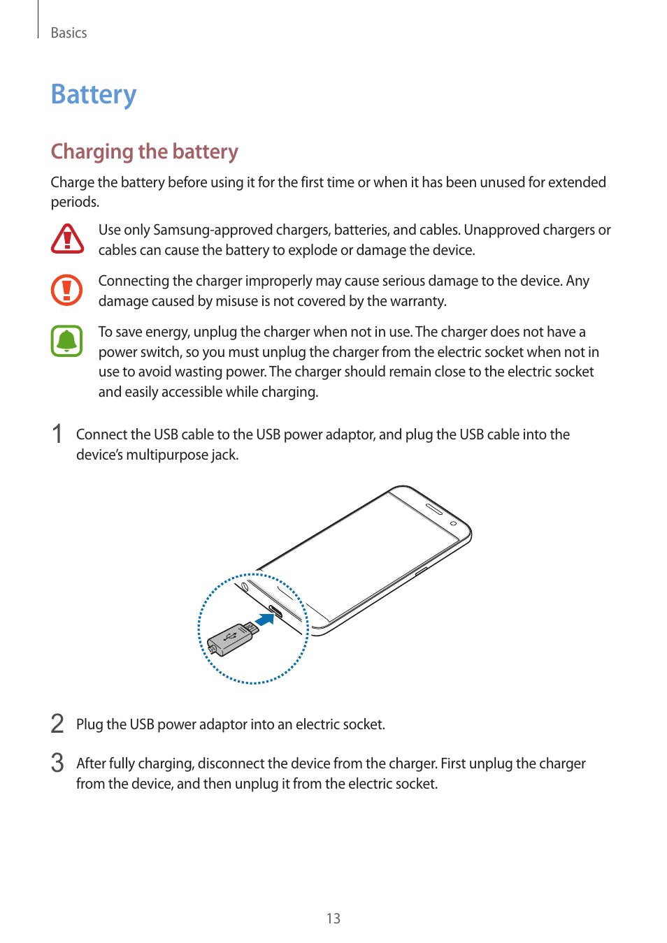 Battery, 13 battery, Charging the battery | Samsung SM-G930F User Manual | Page 13 / 191