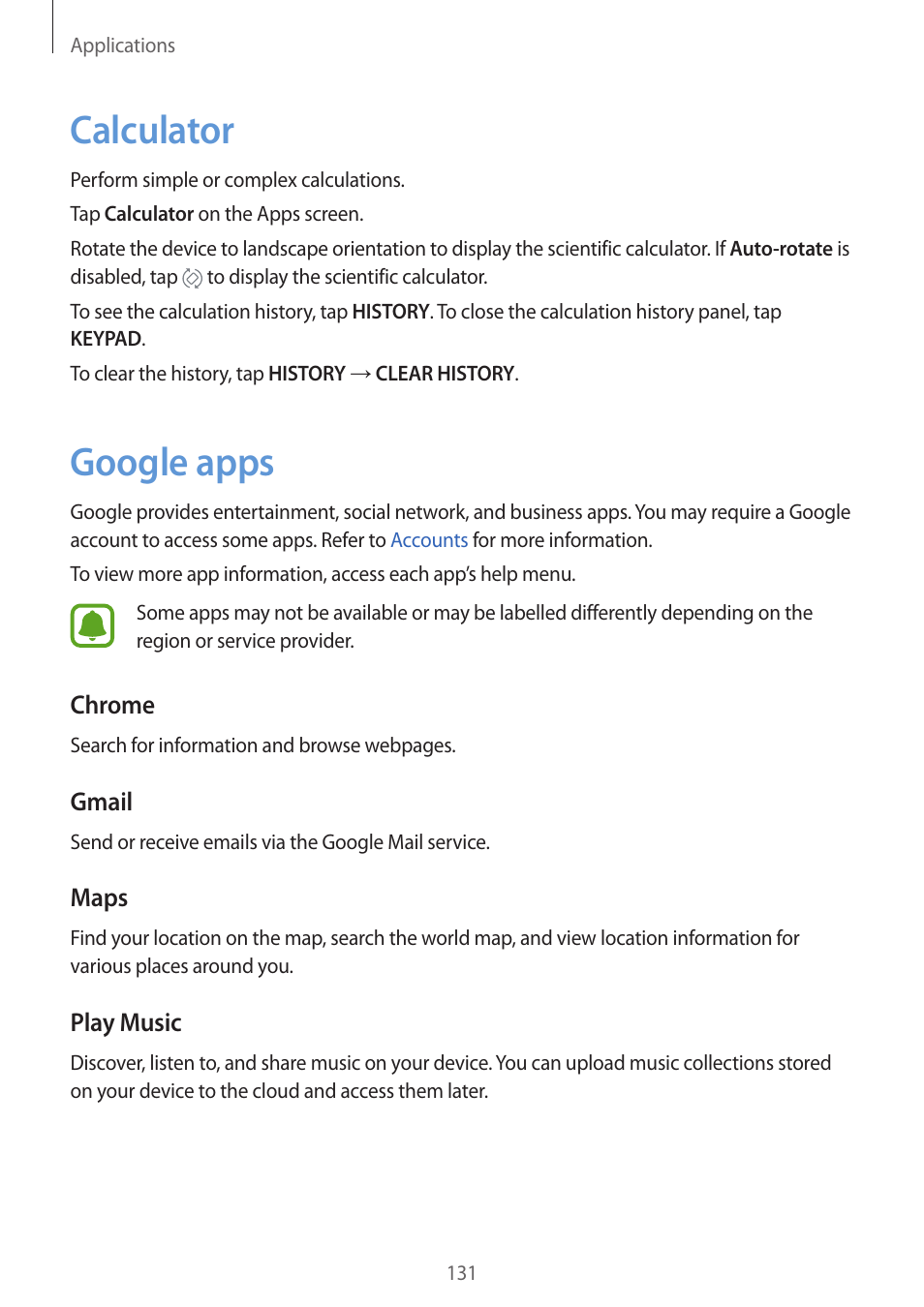 Calculator, Google apps, 131 calculator 131 google apps | Samsung SM-G930F User Manual | Page 131 / 191