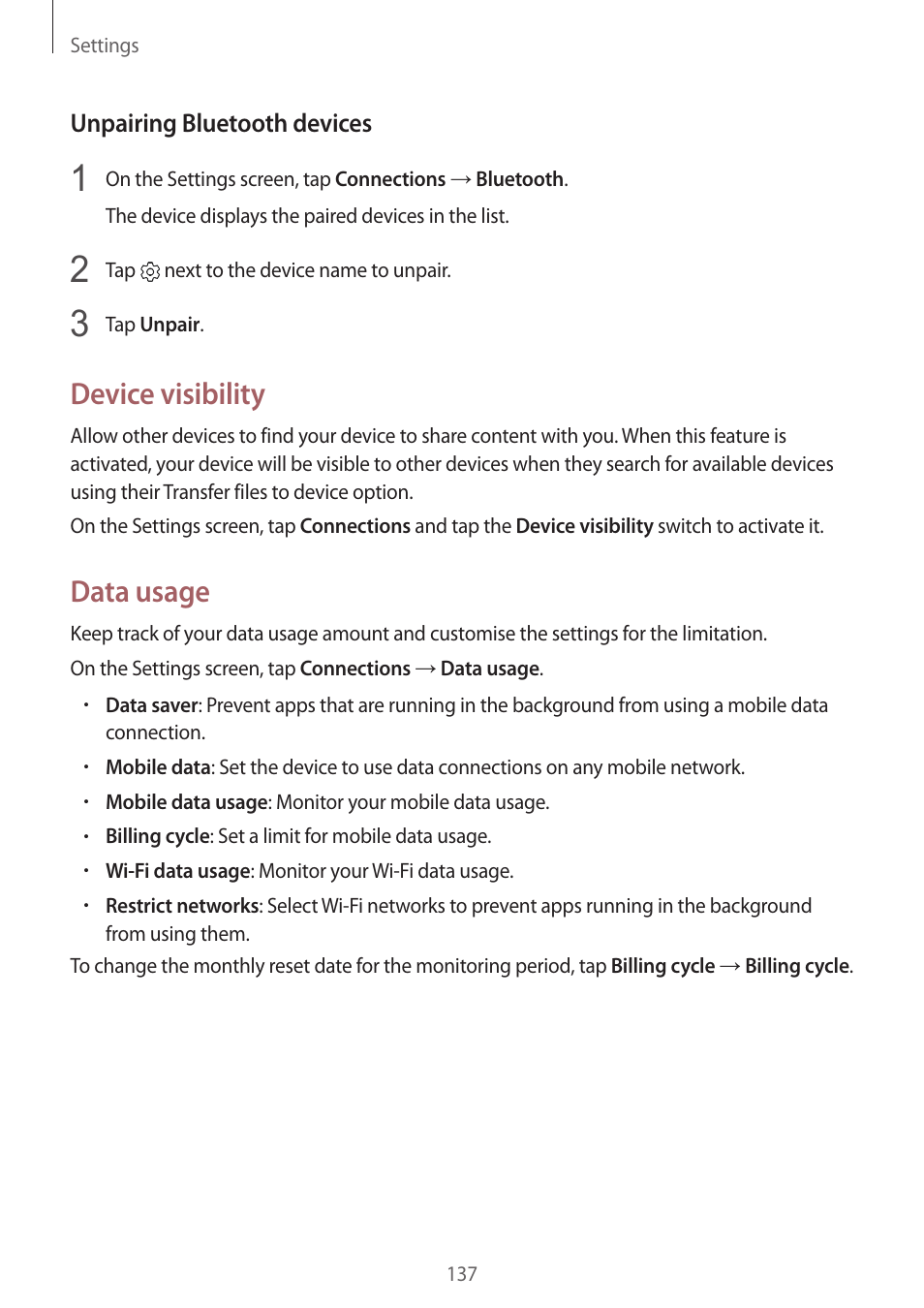 Device visibility, Data usage | Samsung SM-G930F User Manual | Page 137 / 191