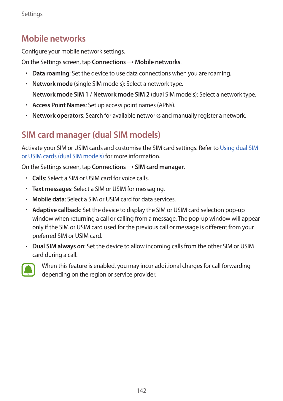 Mobile networks, Sim card manager (dual sim models) | Samsung SM-G930F User Manual | Page 142 / 191