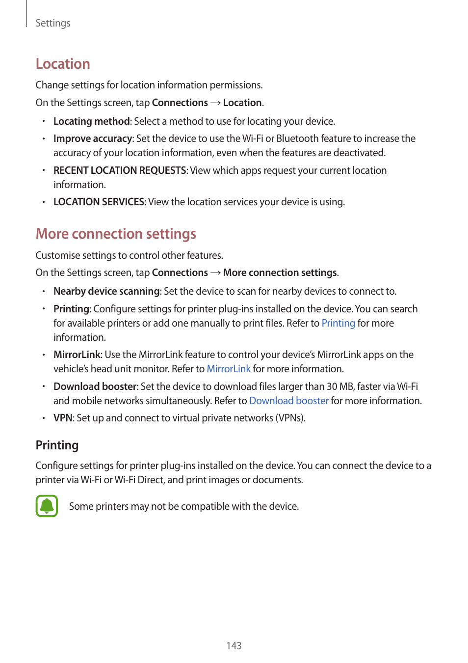 Location, More connection settings, Printing | Samsung SM-G930F User Manual | Page 143 / 191