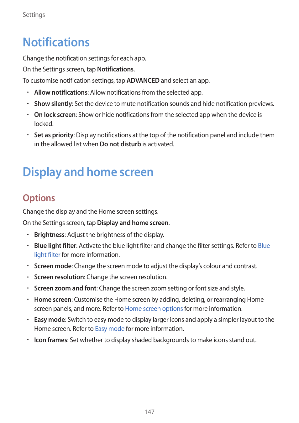 Notifications, Display and home screen, 147 notifications 147 display and home screen | Options | Samsung SM-G930F User Manual | Page 147 / 191