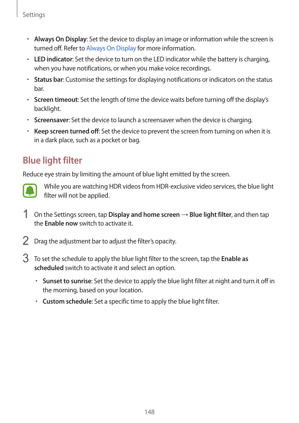 Blue, Light filter, Blue light filter | Samsung SM-G930F User Manual | Page 148 / 191