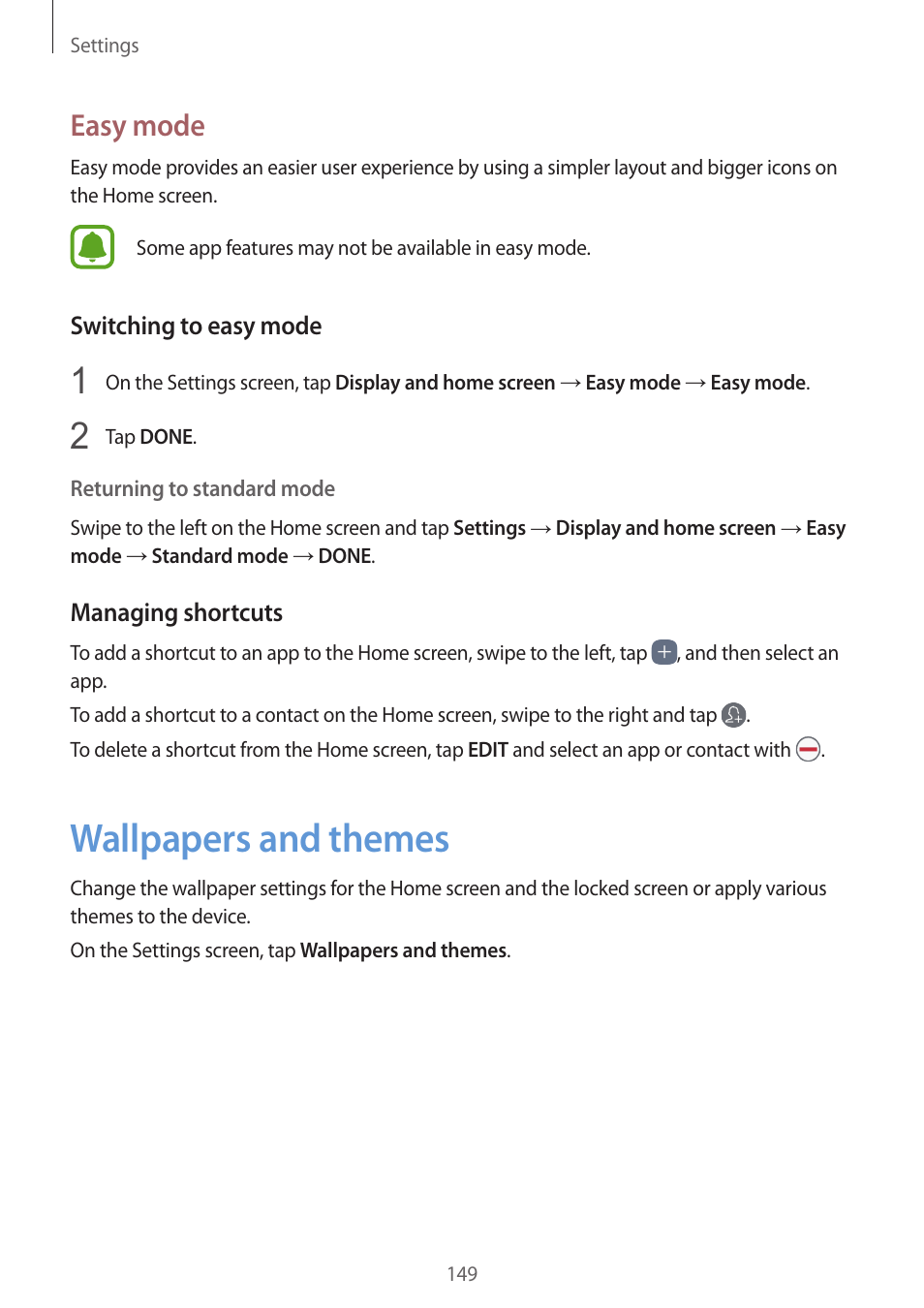Wallpapers and themes, 149 wallpapers and themes, Easy mode | Samsung SM-G930F User Manual | Page 149 / 191