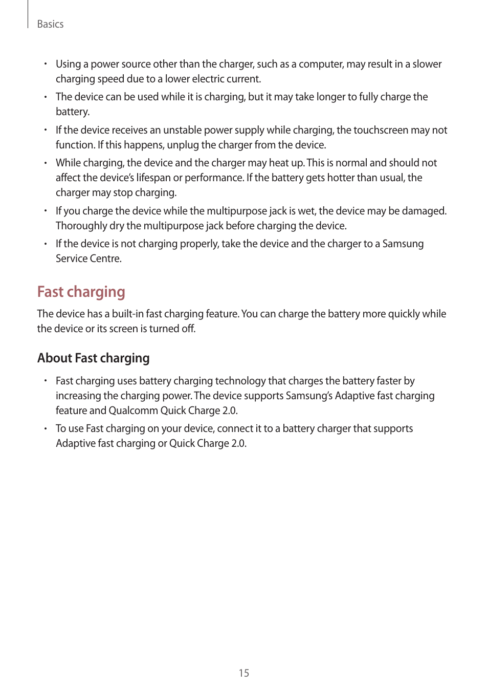 Fast charging, About fast charging | Samsung SM-G930F User Manual | Page 15 / 191