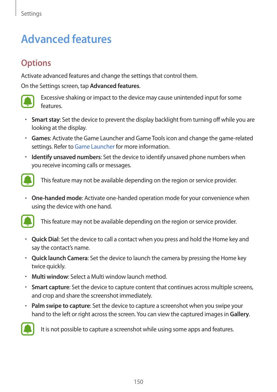 Advanced features, 150 advanced features, Options | Samsung SM-G930F User Manual | Page 150 / 191