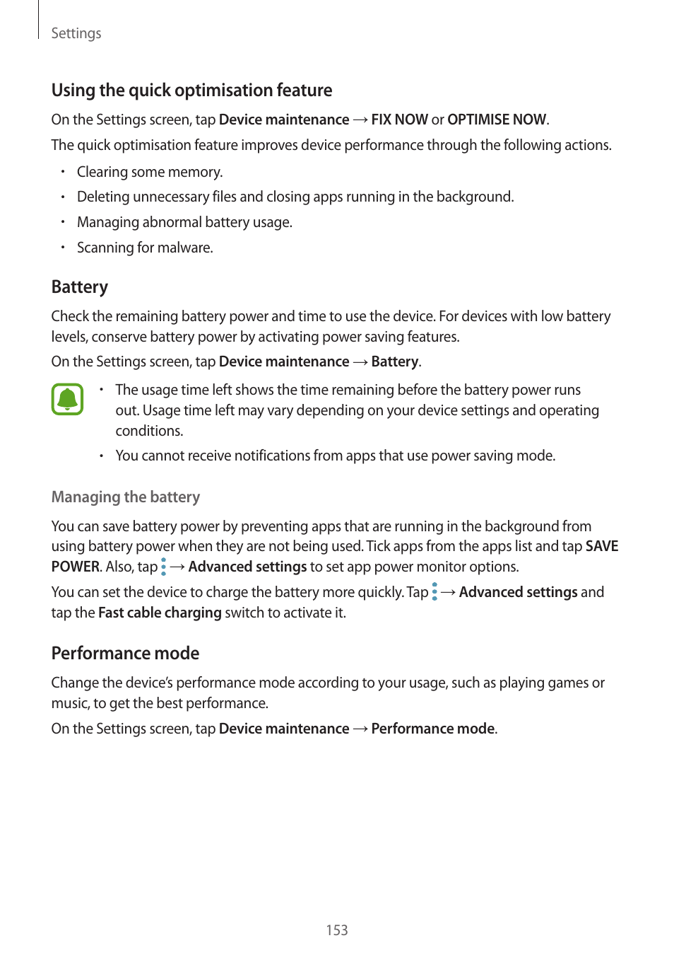 Using the quick optimisation feature, Battery, Performance mode | Samsung SM-G930F User Manual | Page 153 / 191