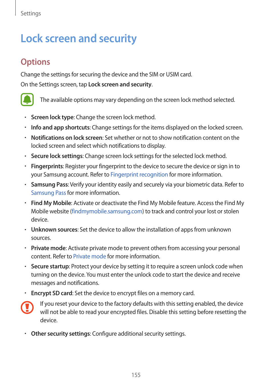 Lock screen and security, 155 lock screen and security, Options | Samsung SM-G930F User Manual | Page 155 / 191