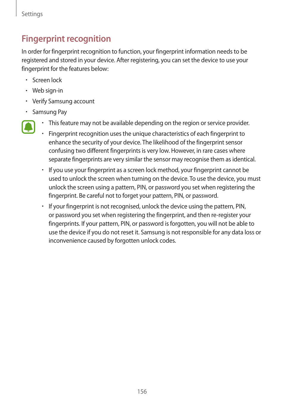 Fingerprint, Recognition, Fingerprint recognition | Samsung SM-G930F User Manual | Page 156 / 191
