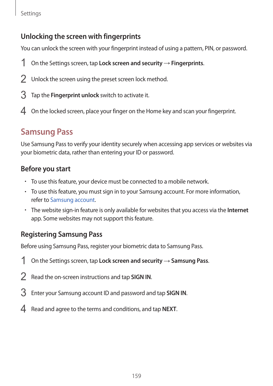 Samsung pass | Samsung SM-G930F User Manual | Page 159 / 191