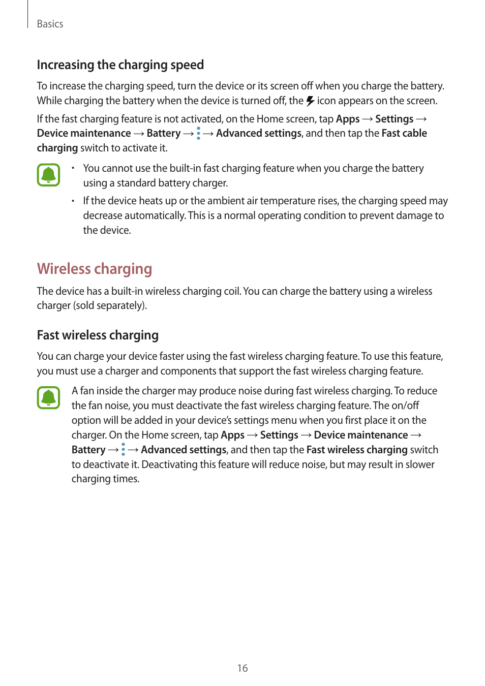 Wireless charging, Increasing the charging speed, Fast wireless charging | Samsung SM-G930F User Manual | Page 16 / 191