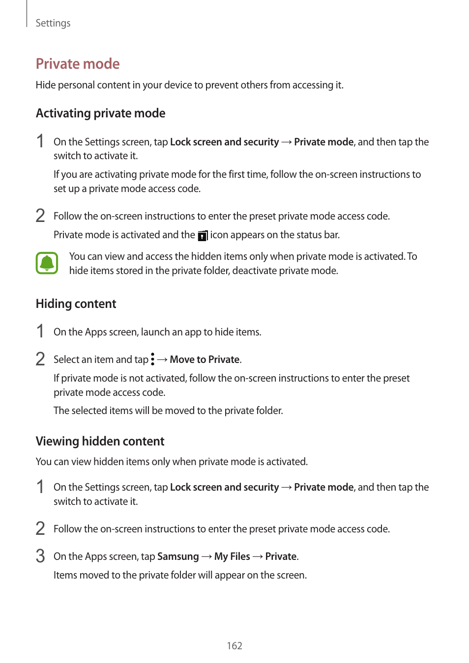 Private mode | Samsung SM-G930F User Manual | Page 162 / 191