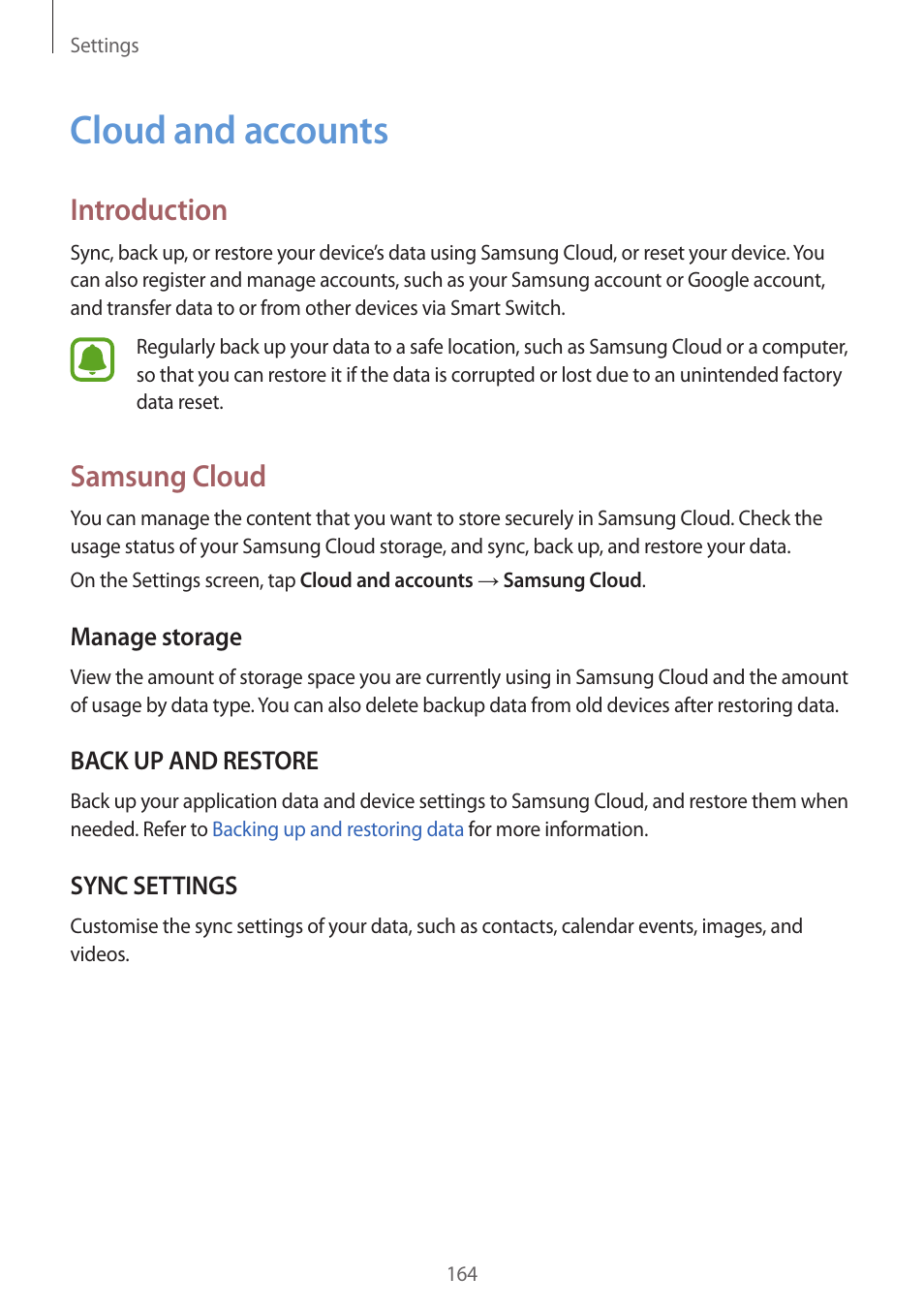 Cloud and accounts, 164 cloud and accounts, Samsung cloud | Introduction | Samsung SM-G930F User Manual | Page 164 / 191