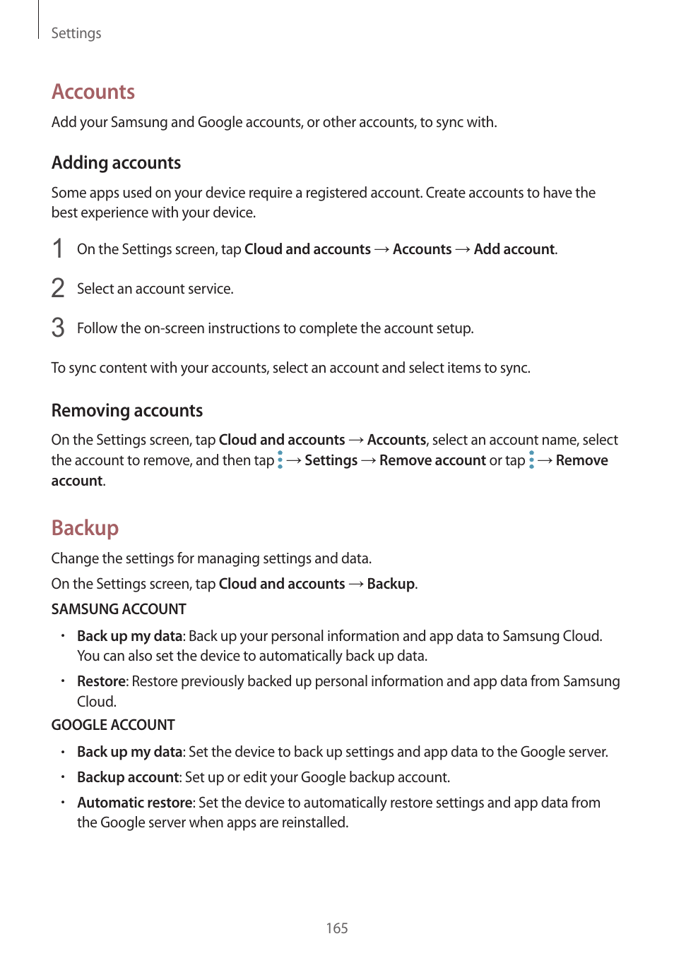 Accounts, Backup | Samsung SM-G930F User Manual | Page 165 / 191