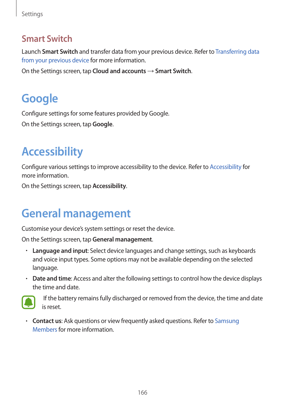 Google, Accessibility, General management | Smart switch | Samsung SM-G930F User Manual | Page 166 / 191
