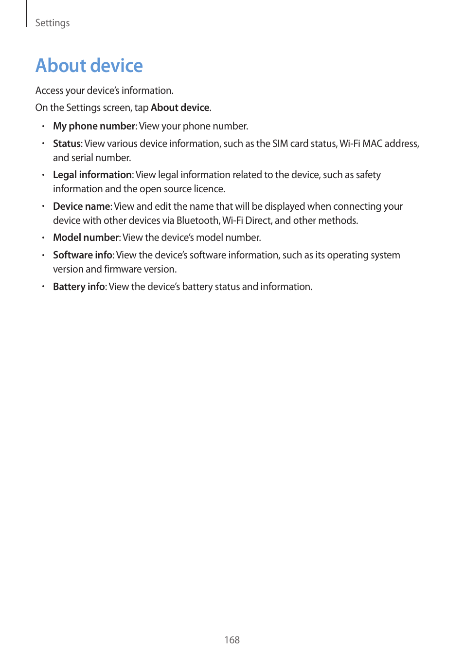 About device, 168 about device | Samsung SM-G930F User Manual | Page 168 / 191
