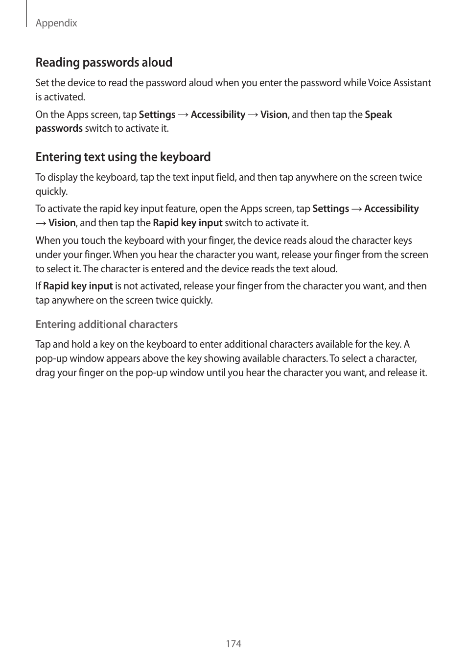 Reading passwords aloud, Entering text using the keyboard | Samsung SM-G930F User Manual | Page 174 / 191