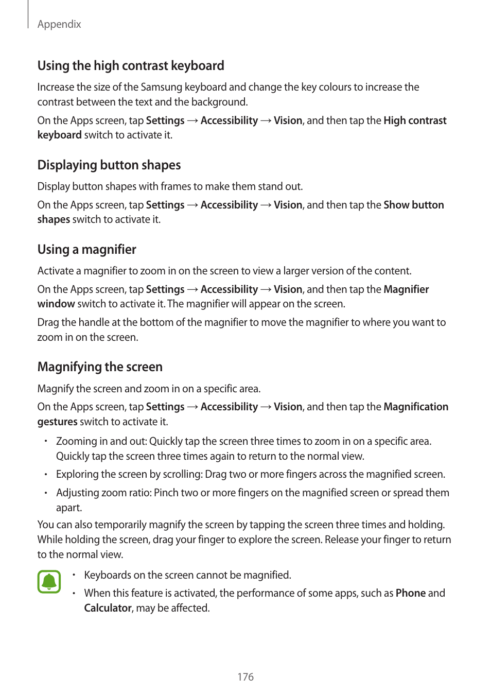 Using the high contrast keyboard, Displaying button shapes, Using a magnifier | Magnifying the screen | Samsung SM-G930F User Manual | Page 176 / 191