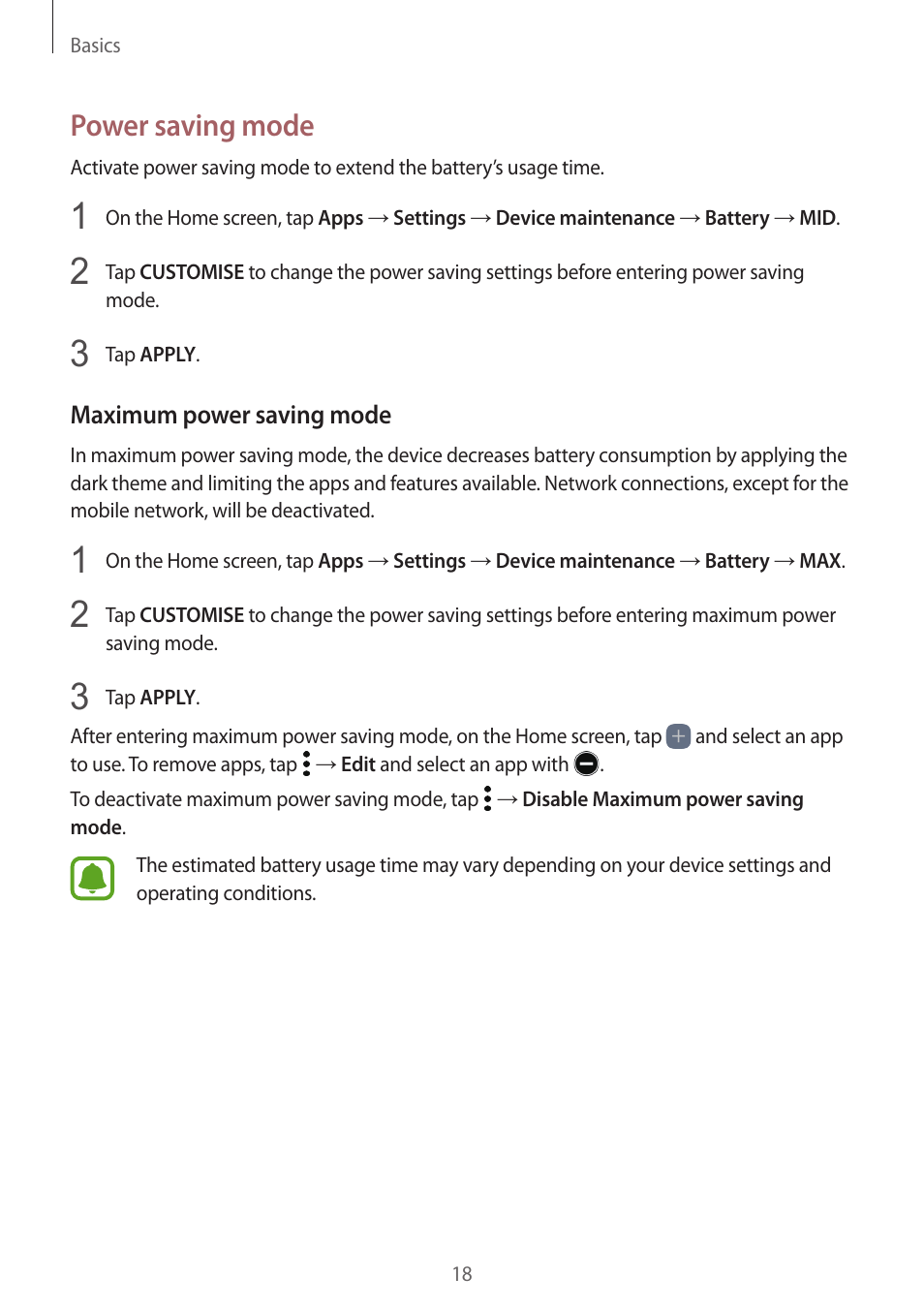 Power saving mode | Samsung SM-G930F User Manual | Page 18 / 191