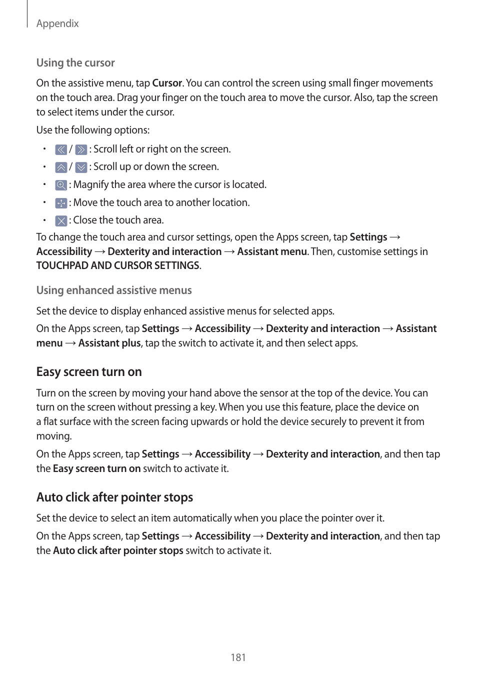 Easy screen turn on, Auto click after pointer stops | Samsung SM-G930F User Manual | Page 181 / 191