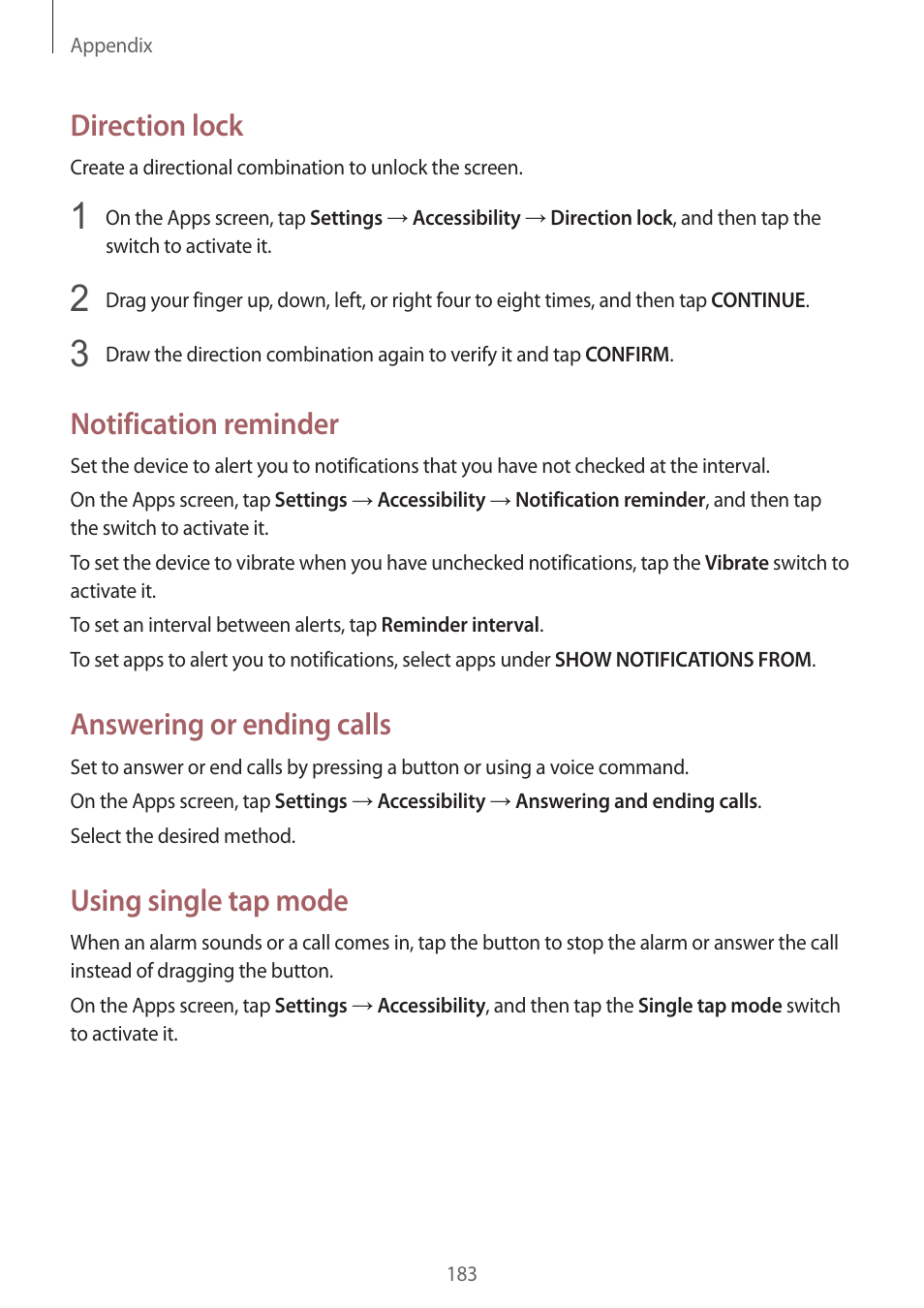 Direction lock, Notification reminder, Answering or ending calls | Using single tap mode | Samsung SM-G930F User Manual | Page 183 / 191