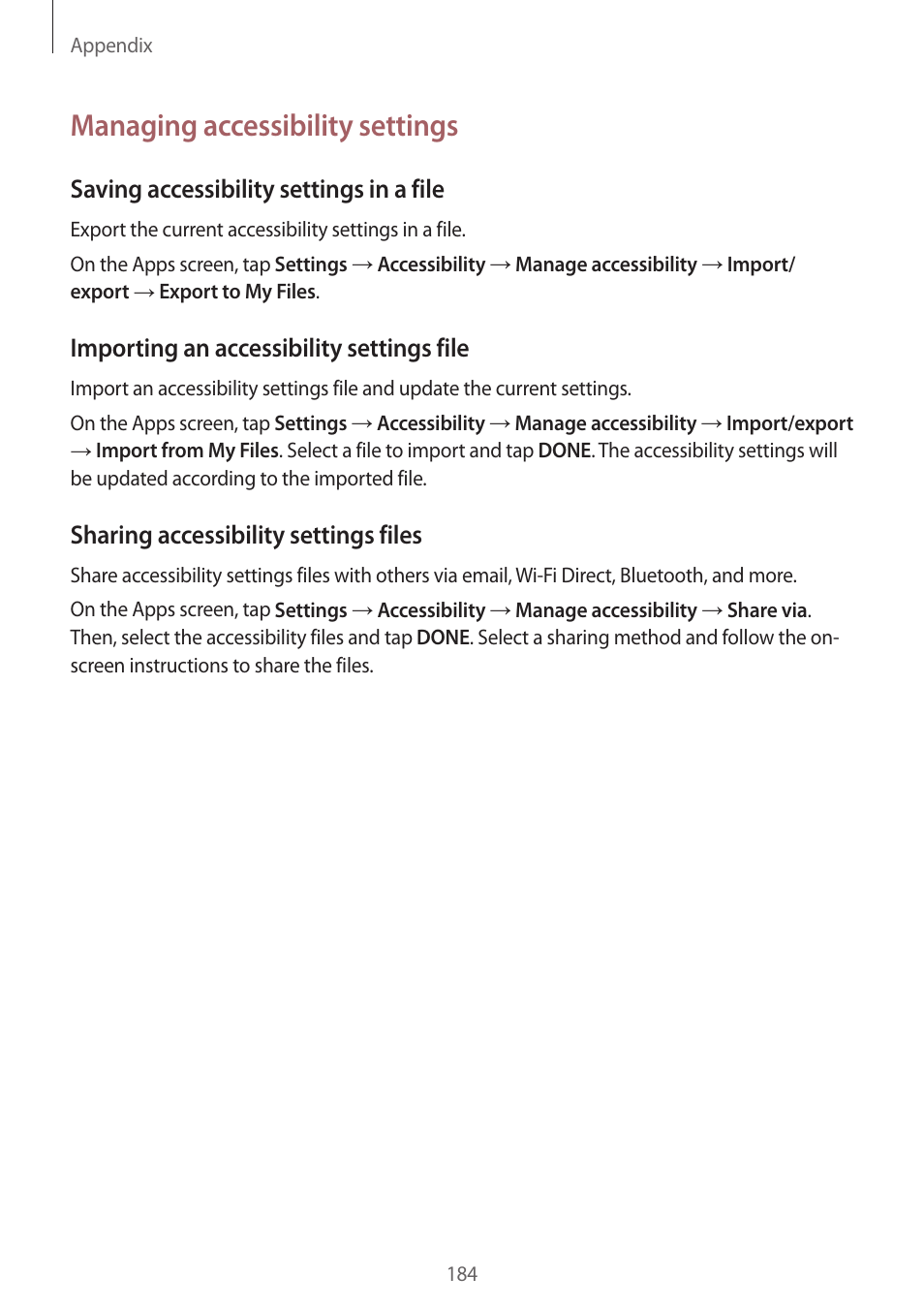 Managing accessibility settings, Saving accessibility settings in a file, Importing an accessibility settings file | Sharing accessibility settings files | Samsung SM-G930F User Manual | Page 184 / 191