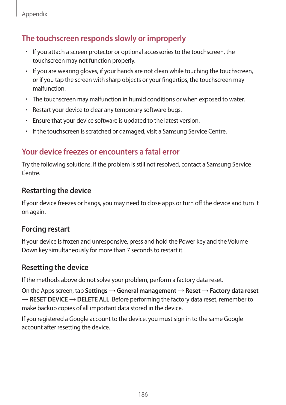 The touchscreen responds slowly or improperly, Your device freezes or encounters a fatal error, Restarting the device | Forcing restart, Resetting the device | Samsung SM-G930F User Manual | Page 186 / 191