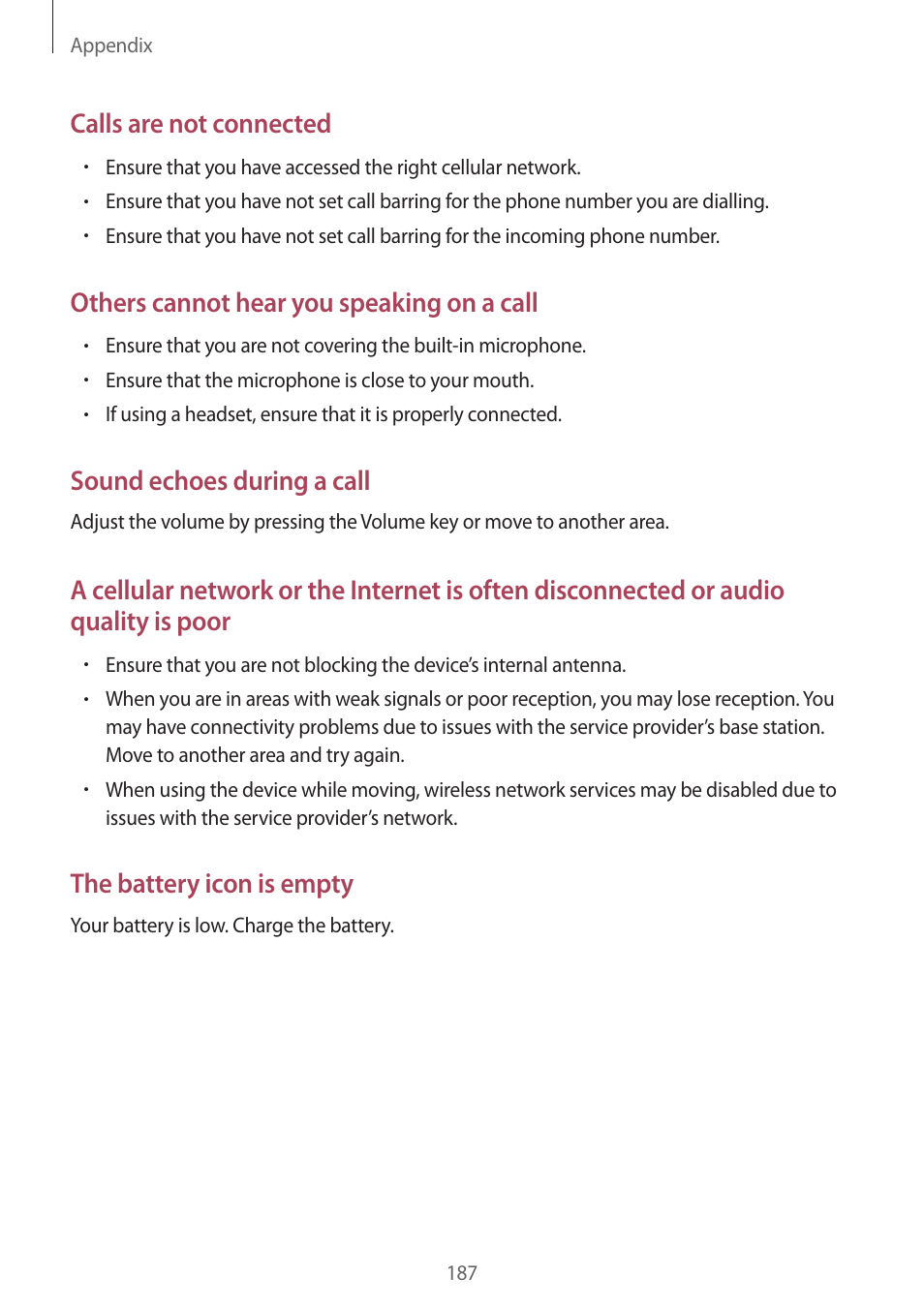 Calls are not connected, Others cannot hear you speaking on a call, Sound echoes during a call | The battery icon is empty | Samsung SM-G930F User Manual | Page 187 / 191