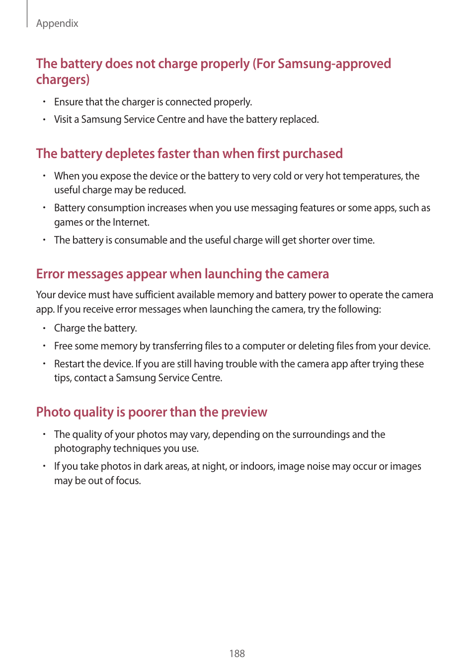 Error messages appear when launching the camera, Photo quality is poorer than the preview | Samsung SM-G930F User Manual | Page 188 / 191
