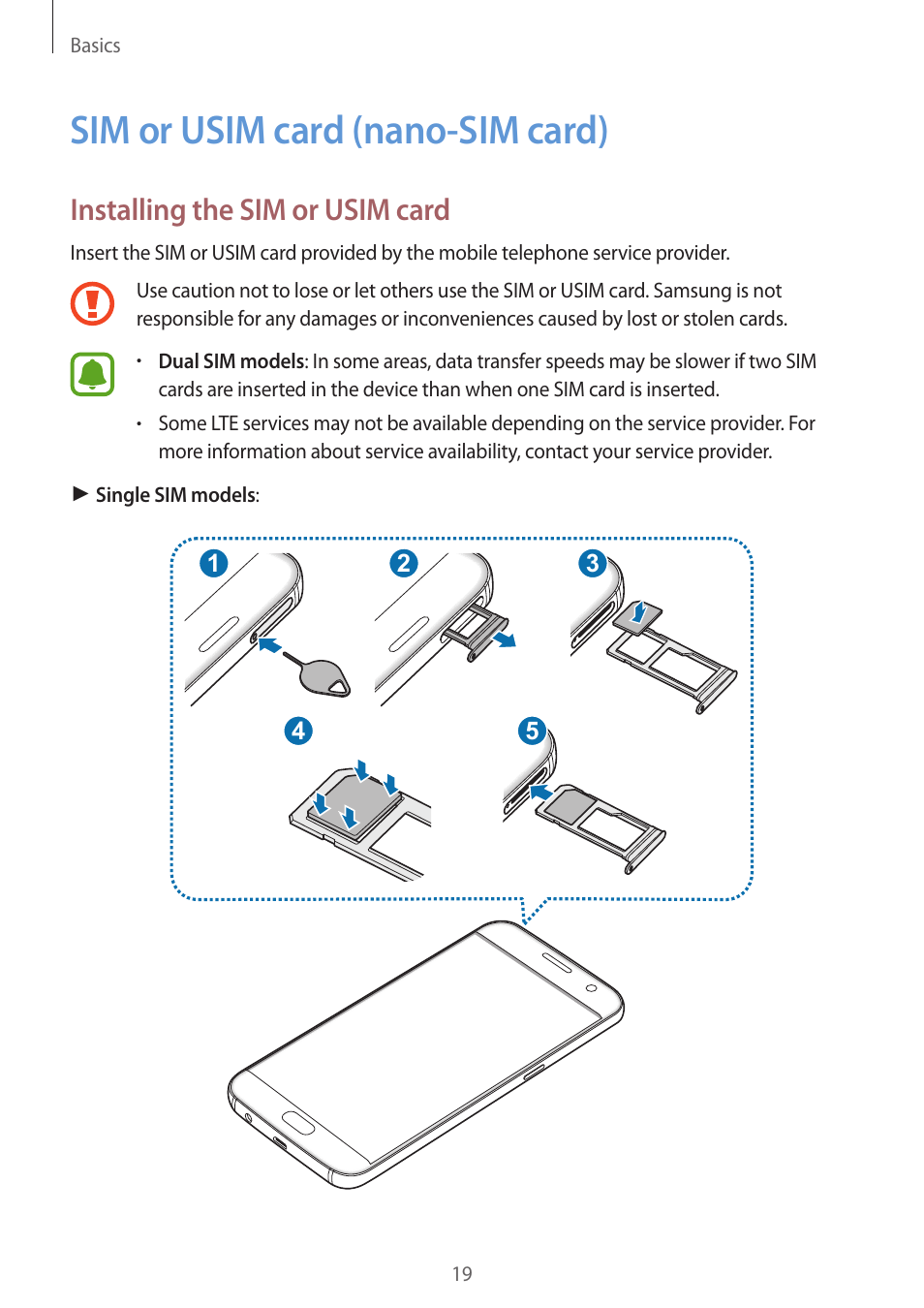 Sim or usim card (nano-sim card), 19 sim or usim card (nano-sim card), Installing the sim or usim card | Samsung SM-G930F User Manual | Page 19 / 191