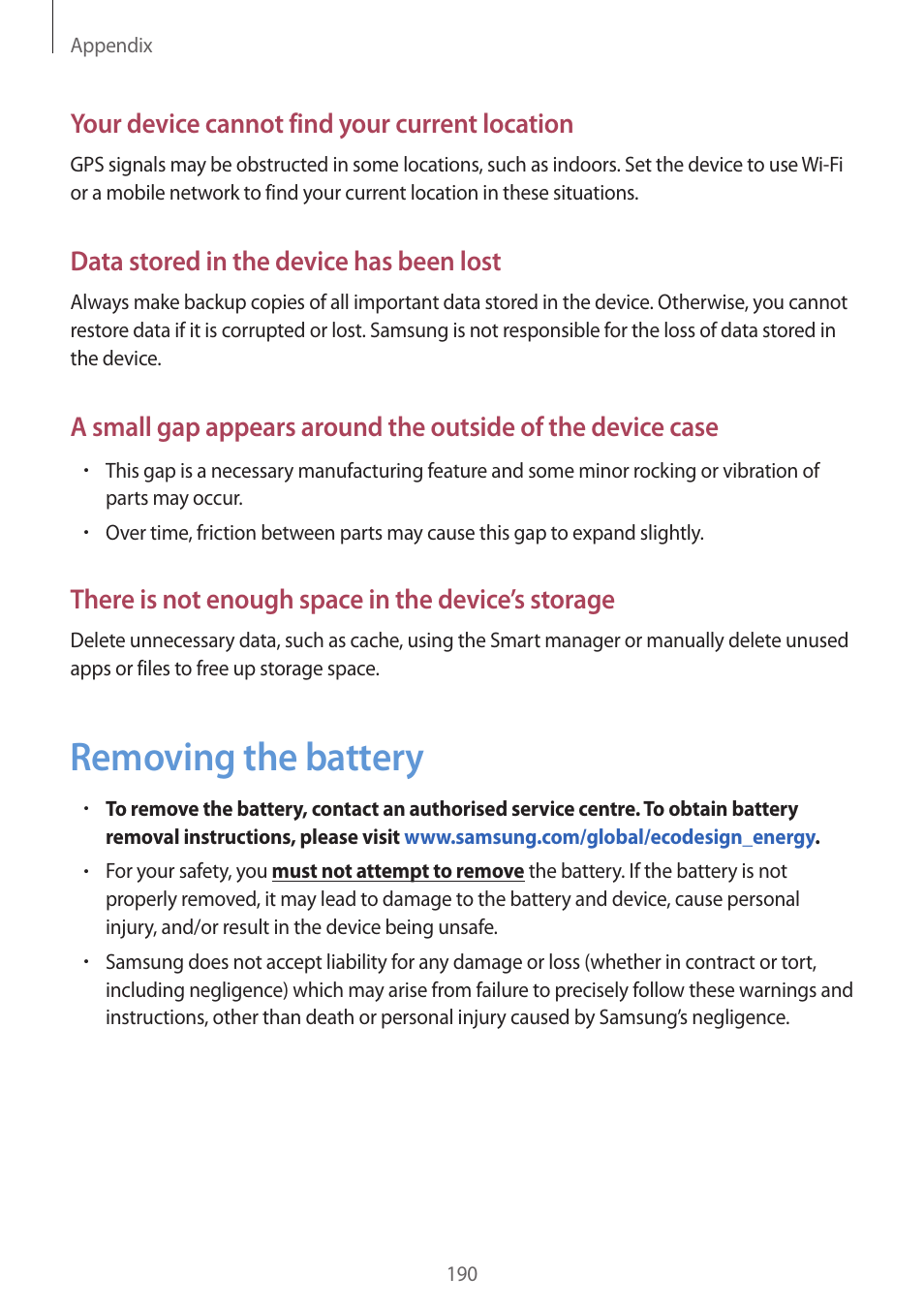 Removing the battery, 190 removing the battery, Your device cannot find your current location | Data stored in the device has been lost, There is not enough space in the device’s storage | Samsung SM-G930F User Manual | Page 190 / 191