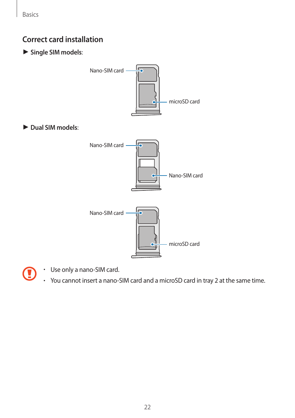 Correct card installation | Samsung SM-G930F User Manual | Page 22 / 191