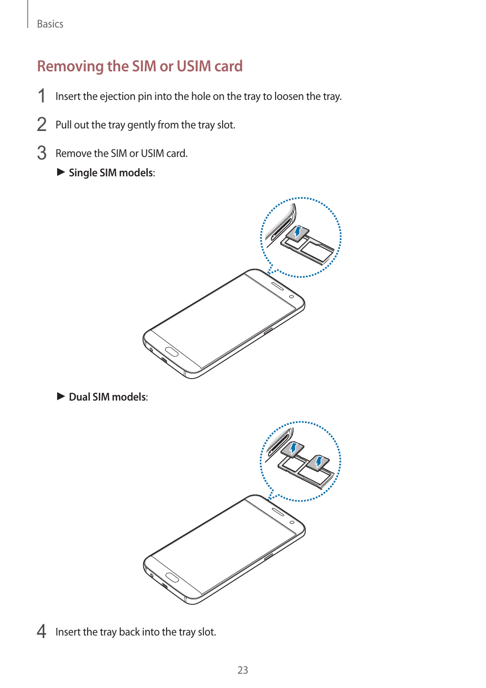 Removing the sim or usim card | Samsung SM-G930F User Manual | Page 23 / 191