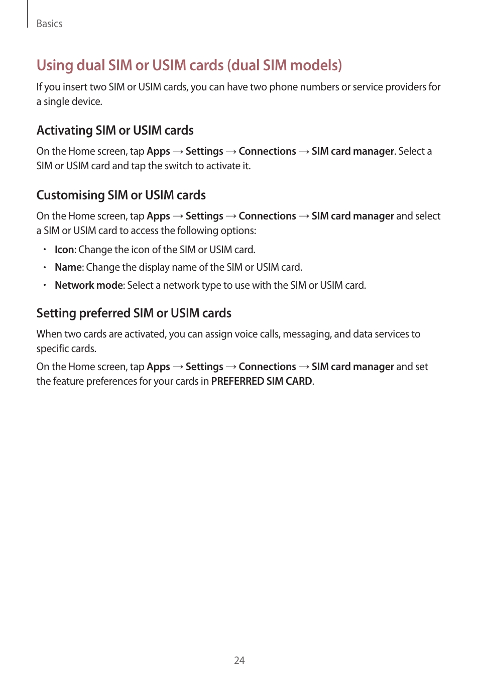 Using dual sim or usim cards (dual sim models), Activating sim or usim cards, Customising sim or usim cards | Setting preferred sim or usim cards | Samsung SM-G930F User Manual | Page 24 / 191